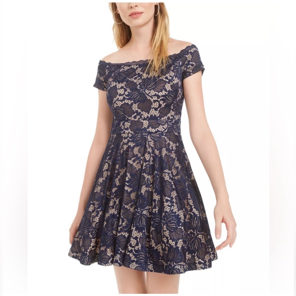 B. Darlin 5/6 Navy Blue Lace Overlay Flower Floral Boat Neck Dress